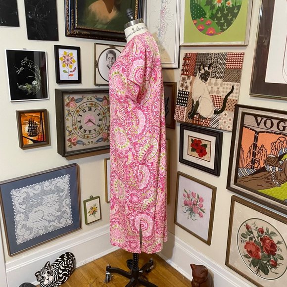 Super Soft Pink Green White V-Neck Short Sleeve Zip Front House Dress Coverup 2X - Picture 3 of 4